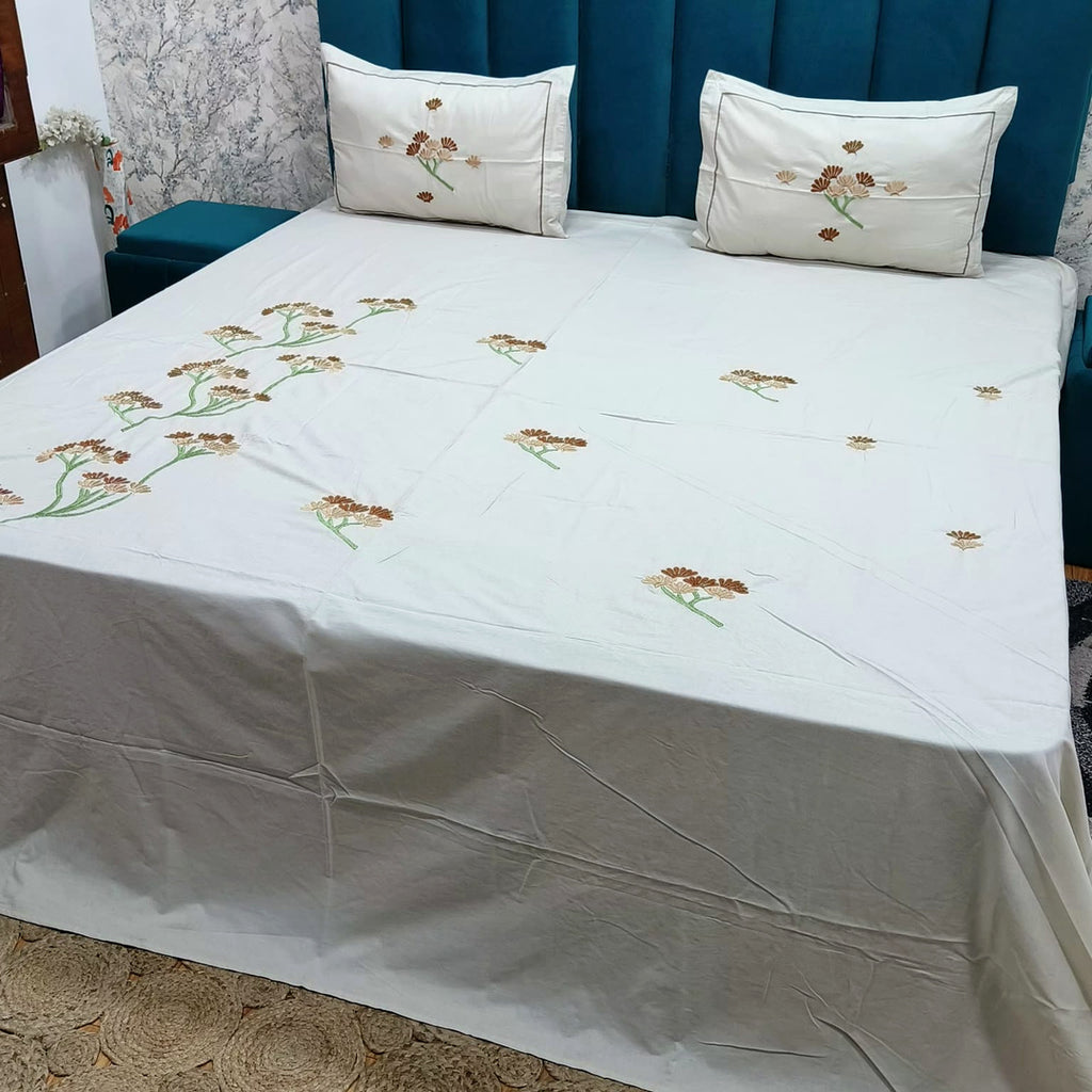 Shahi Karigari Pure Cotton King-Size White & Brown Floral Embroidered Bedsheet