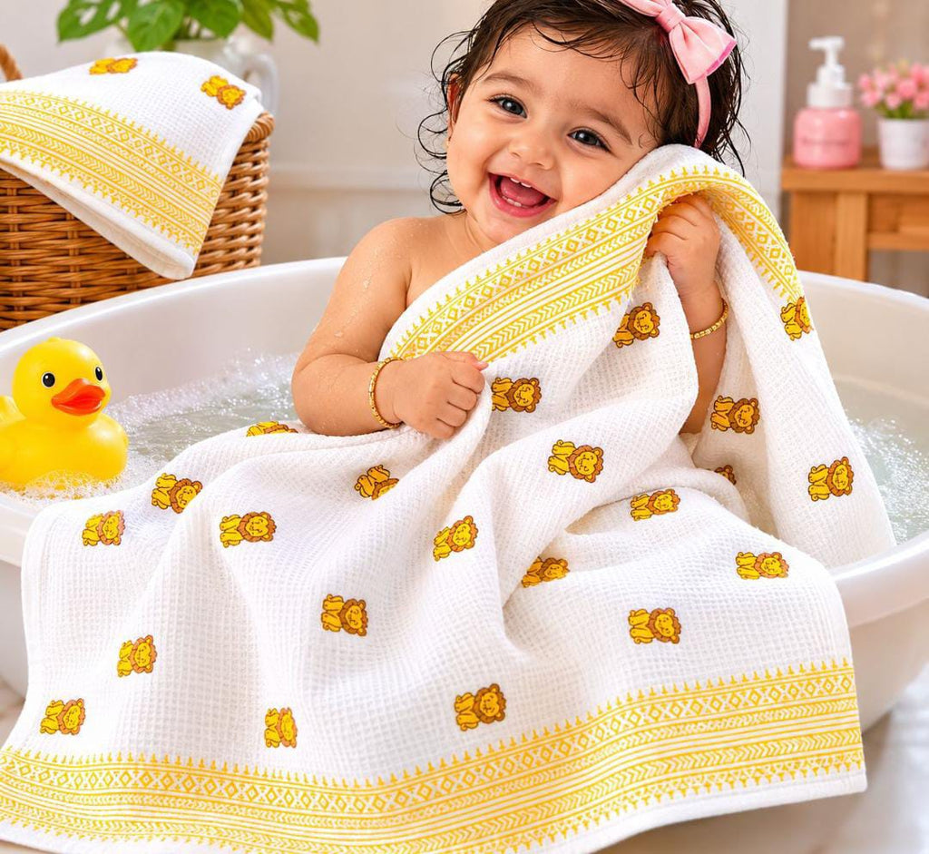 Kids Zone Waffle Printed Pure Cotton Bath & Hand Towels
