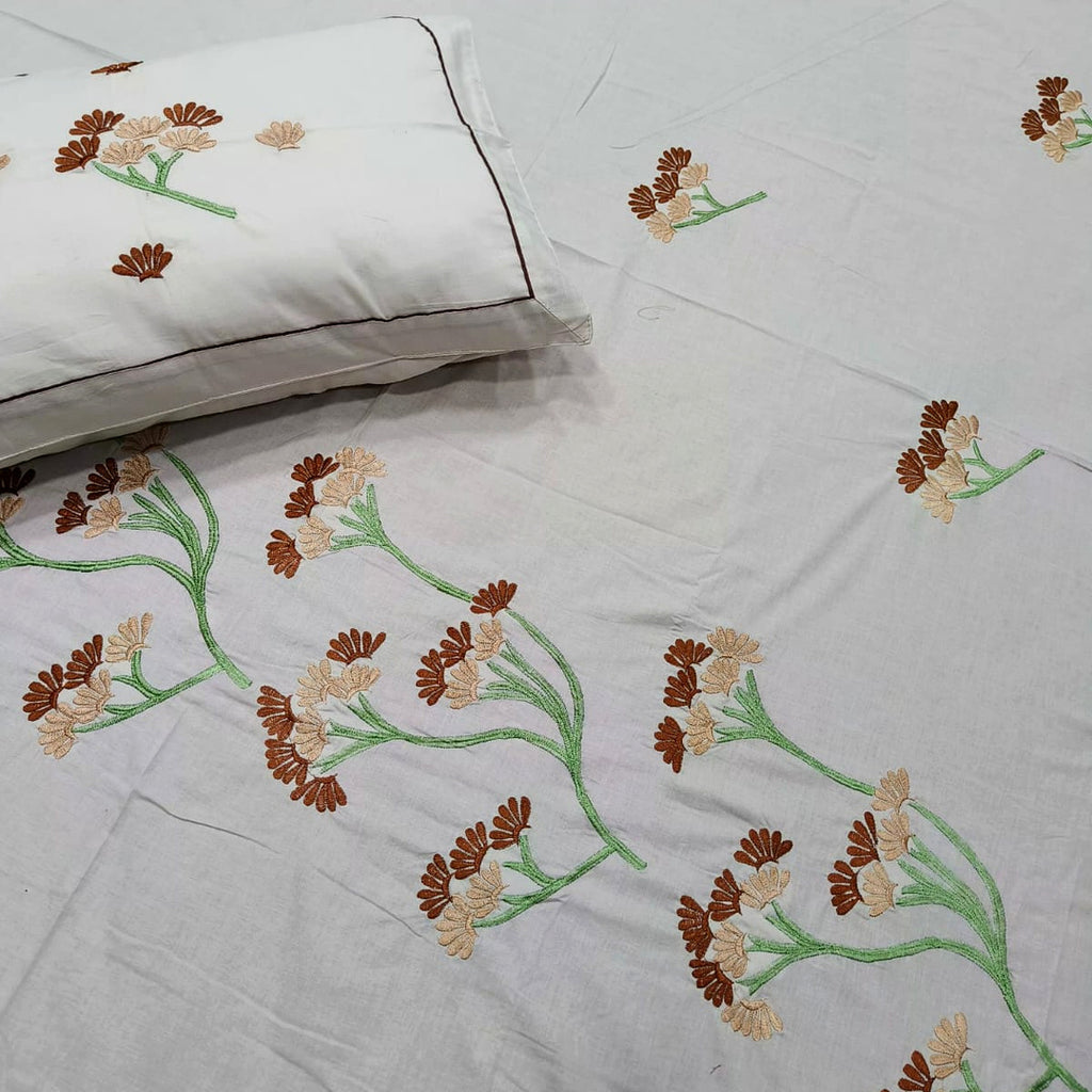 Shahi Karigari Pure Cotton King-Size White & Brown Floral Embroidered Bedsheet