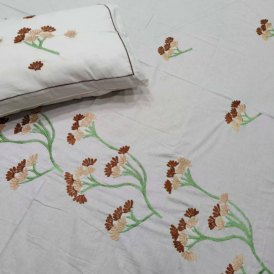 Shahi Karigari Pure Cotton King-Size White & Brown Floral Embroidered Bedsheet