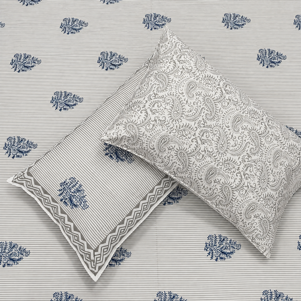 Percale Premium Ivory & Navy Blue Floral Hand Block Printed Super King-Size Cotton Bedsheet (300TC)