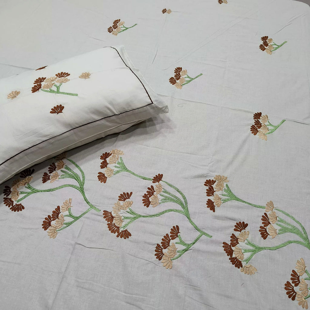 Shahi Karigari Pure Cotton King-Size White & Brown Floral Embroidered Bedsheet
