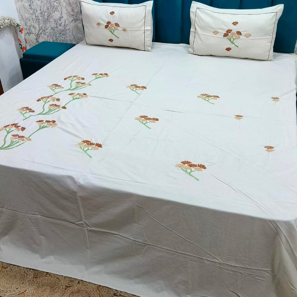 Shahi Karigari Pure Cotton King-Size White & Brown Floral Embroidered Bedsheet