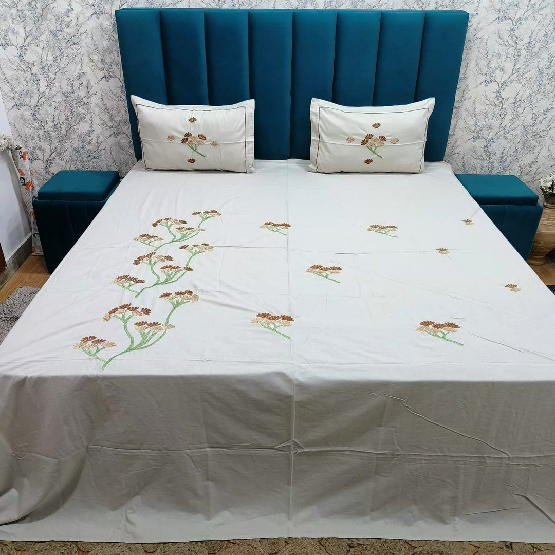 Shahi Karigari Pure Cotton King-Size White & Brown Floral Embroidered Bedsheet