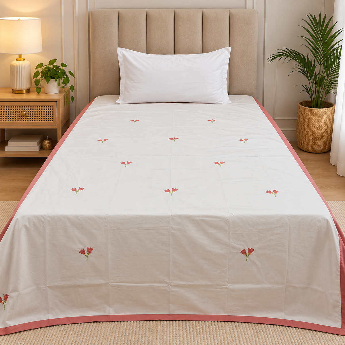 Sunehri Elegant White & Pink Floral Embroidered Single Bed Dohar