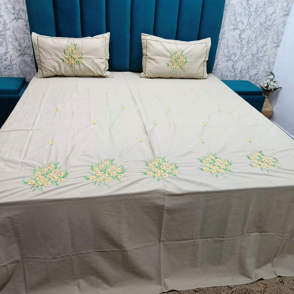 Shahi Karigari Pure Cotton King-Size White & Brown Floral Embroidered Bedsheet
