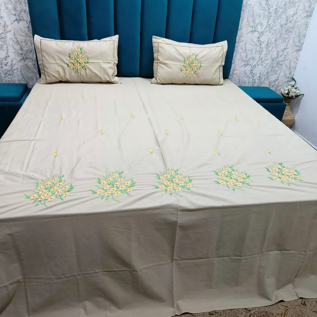 Shahi Karigari Pure Cotton King-Size White & Brown Floral Embroidered Bedsheet