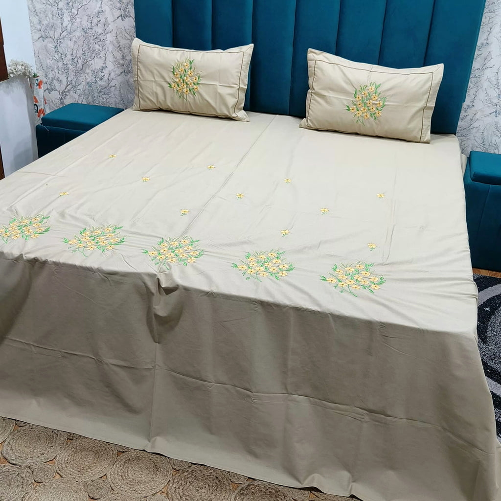 Shahi Karigari Pure Cotton King-Size White & Brown Floral Embroidered Bedsheet