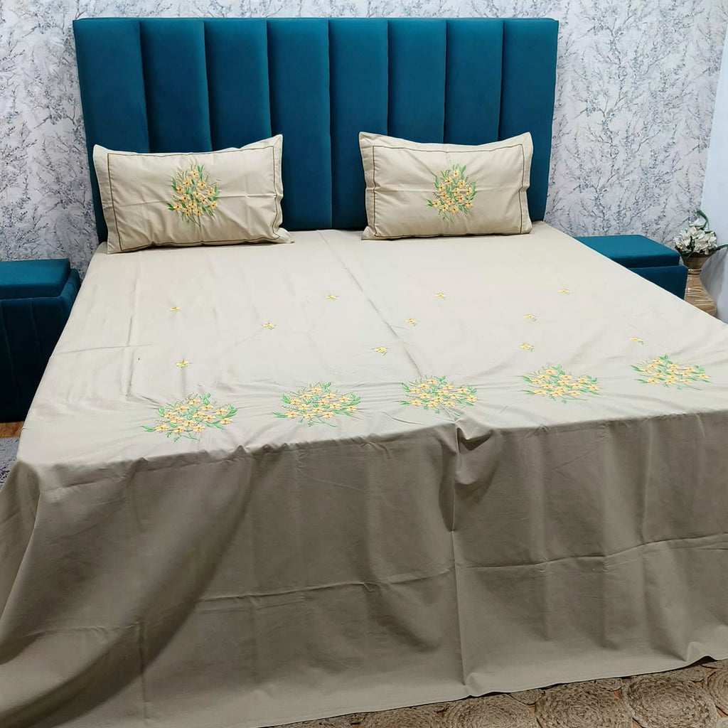 Shahi Karigari Pure Cotton King-Size White & Brown Floral Embroidered Bedsheet