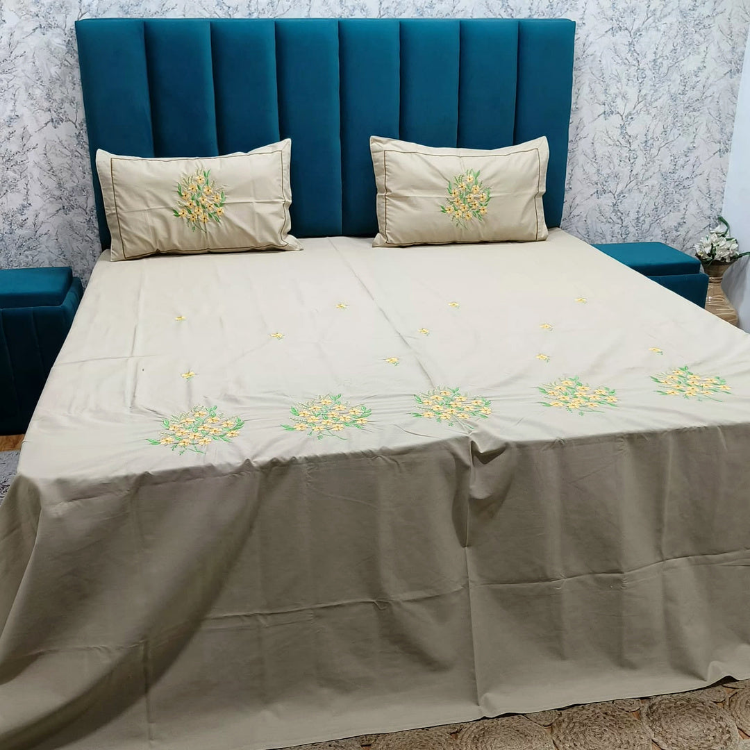 Shahi Karigari Pure Cotton King-Size White & Brown Floral Embroidered Bedsheet