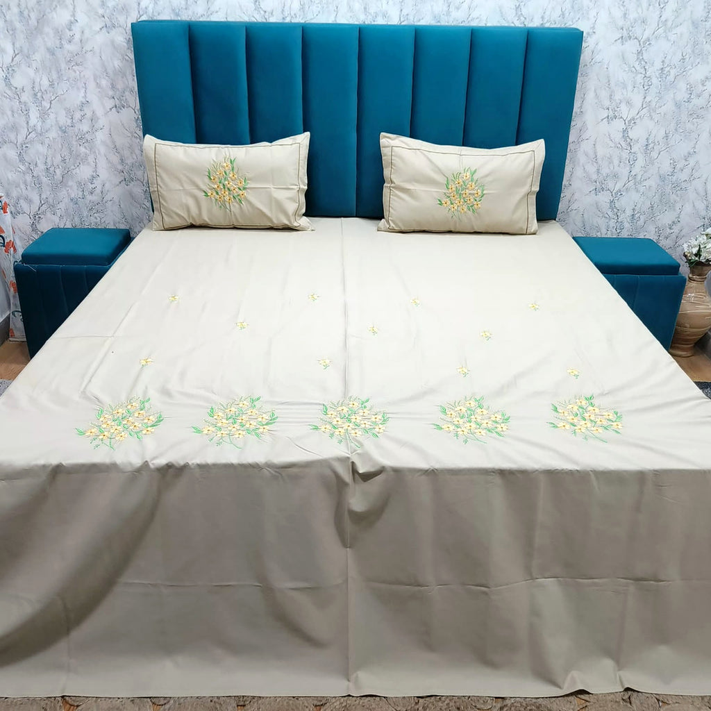 Shahi Karigari Pure Cotton King-Size White & Brown Floral Embroidered Bedsheet