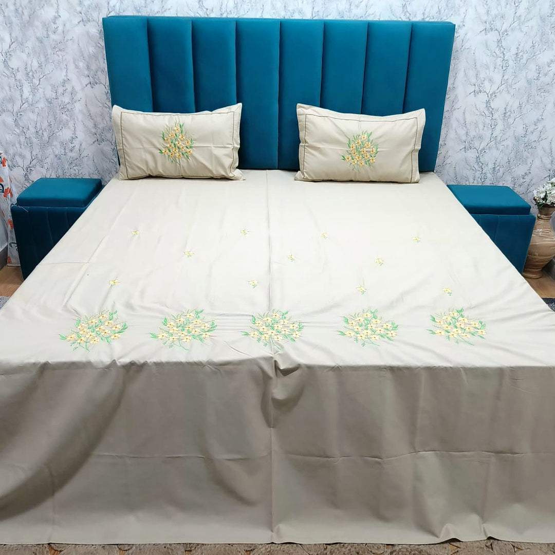 Shahi Karigari Pure Cotton King-Size White & Brown Floral Embroidered Bedsheet
