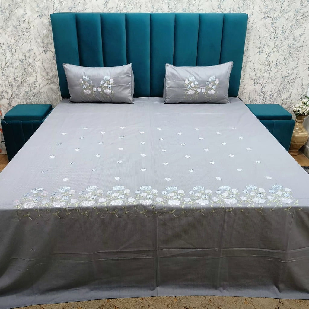 Shahi Karigari Pure Cotton King-Size Grey & White Floral Embroidered Bedsheet