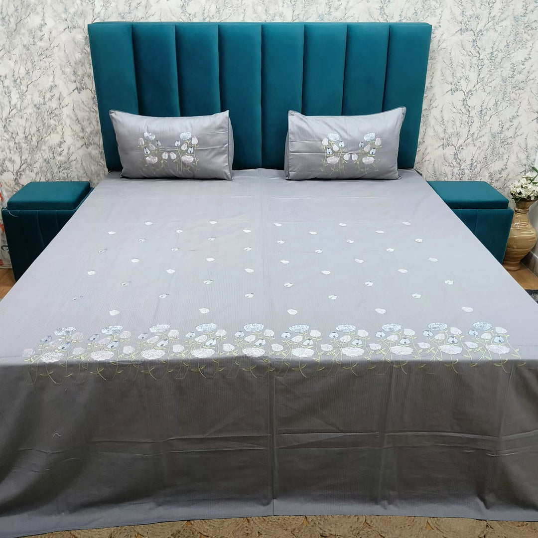 Shahi Karigari Pure Cotton King-Size Grey & White Floral Embroidered Bedsheet