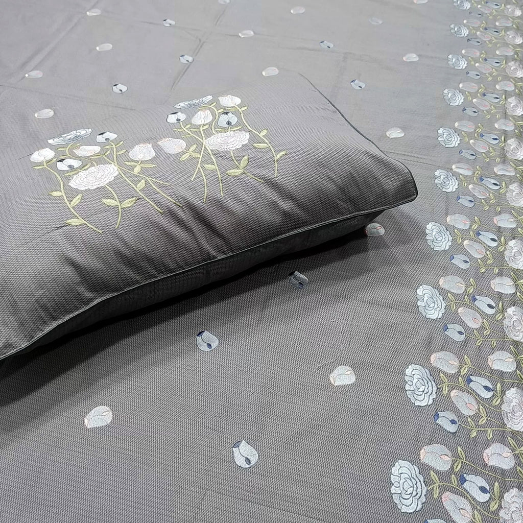 Shahi Karigari Pure Cotton King-Size Grey & White Floral Embroidered Bedsheet