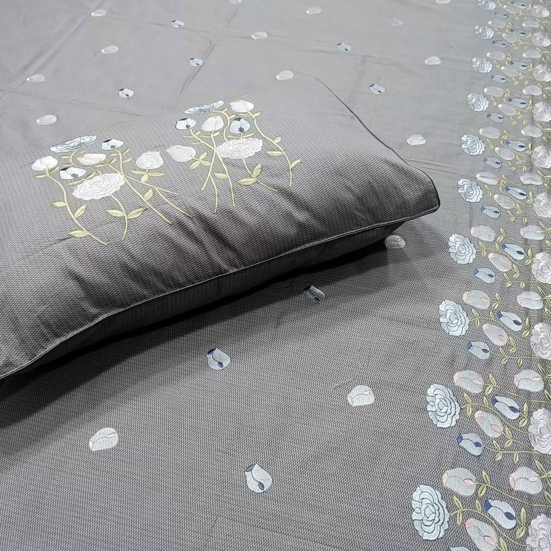 Shahi Karigari Pure Cotton King-Size Grey & White Floral Embroidered Bedsheet