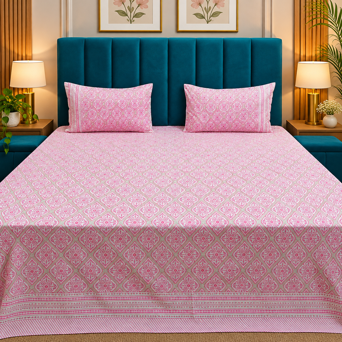 Percale Premium Ivory & Pink Geometric Hand Block Printed Super King-Size Cotton Bedsheet (300TC)