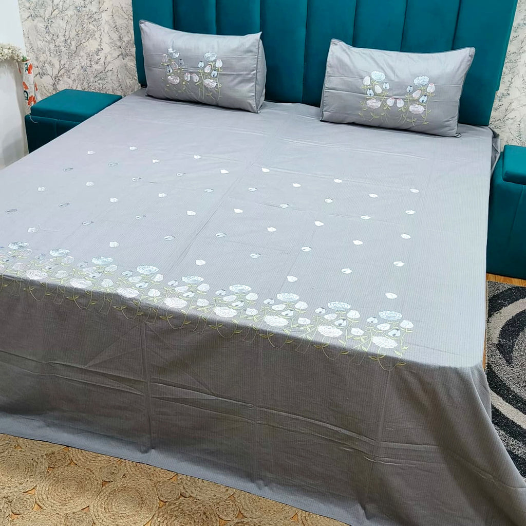 Shahi Karigari Pure Cotton King-Size Grey & White Floral Embroidered Bedsheet