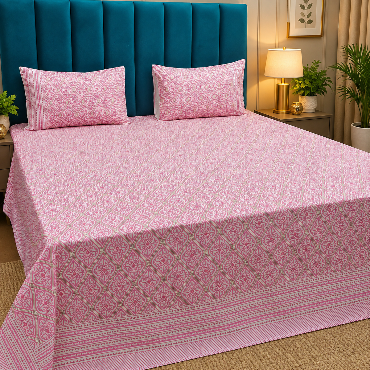 Percale Premium Ivory & Pink Geometric Hand Block Printed Super King-Size Cotton Bedsheet (300TC)