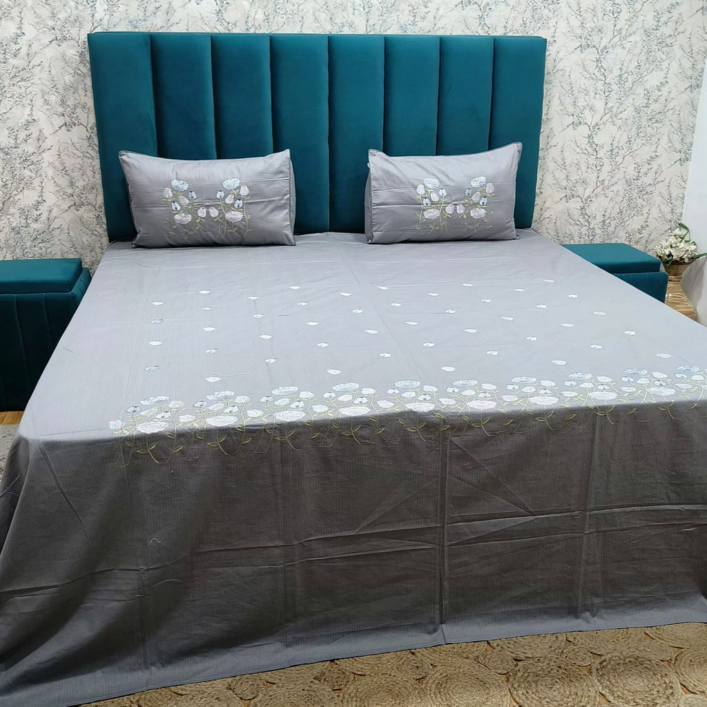 Shahi Karigari Pure Cotton King-Size Grey & White Floral Embroidered Bedsheet