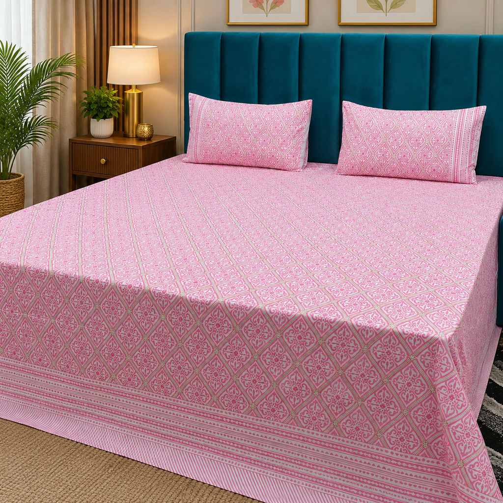 Percale Premium Ivory & Pink Geometric Hand Block Printed Super King-Size Cotton Bedsheet (300TC)