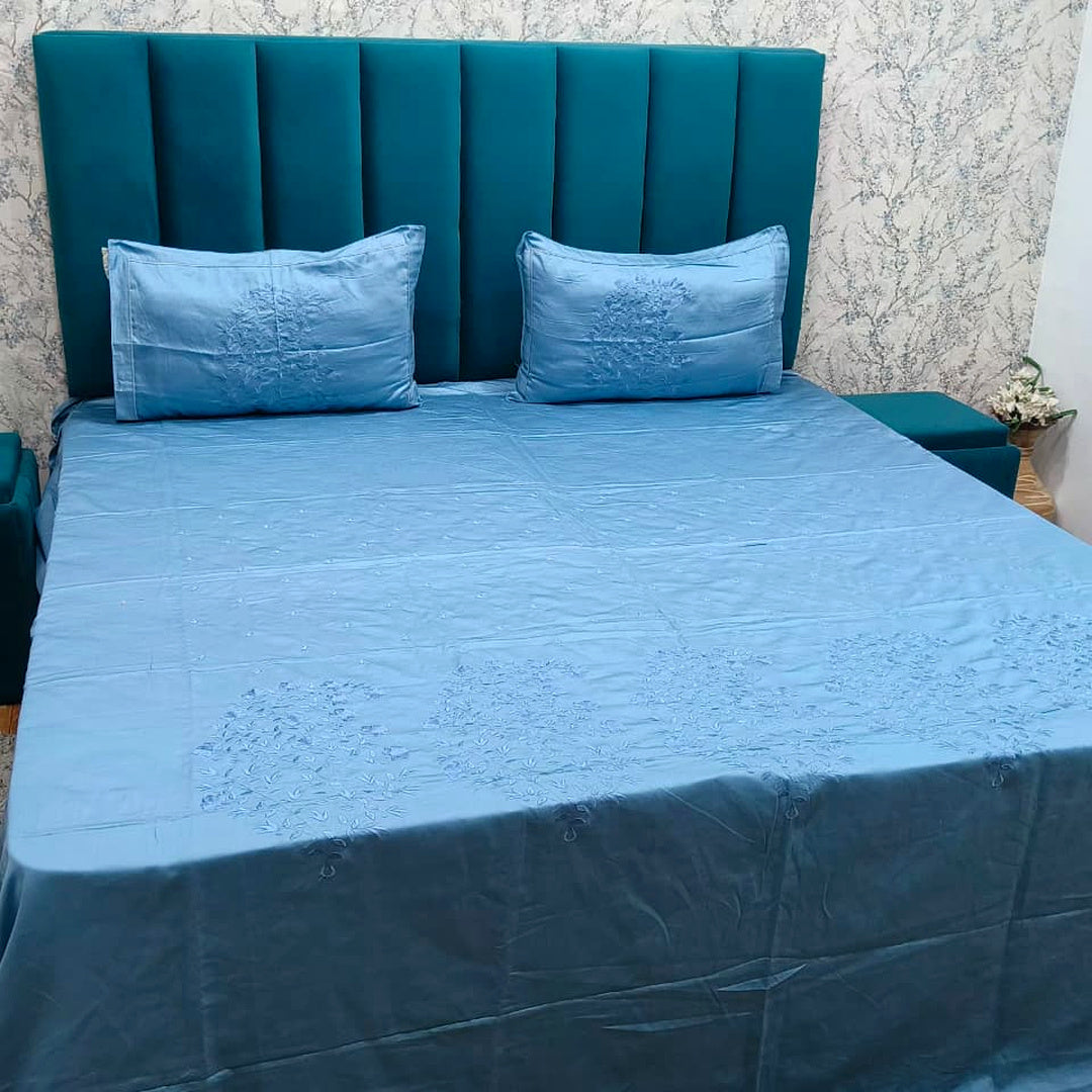 Shahi Karigari Pure Cotton King-Size Sky Blue Floral Embroidered Bedsheet