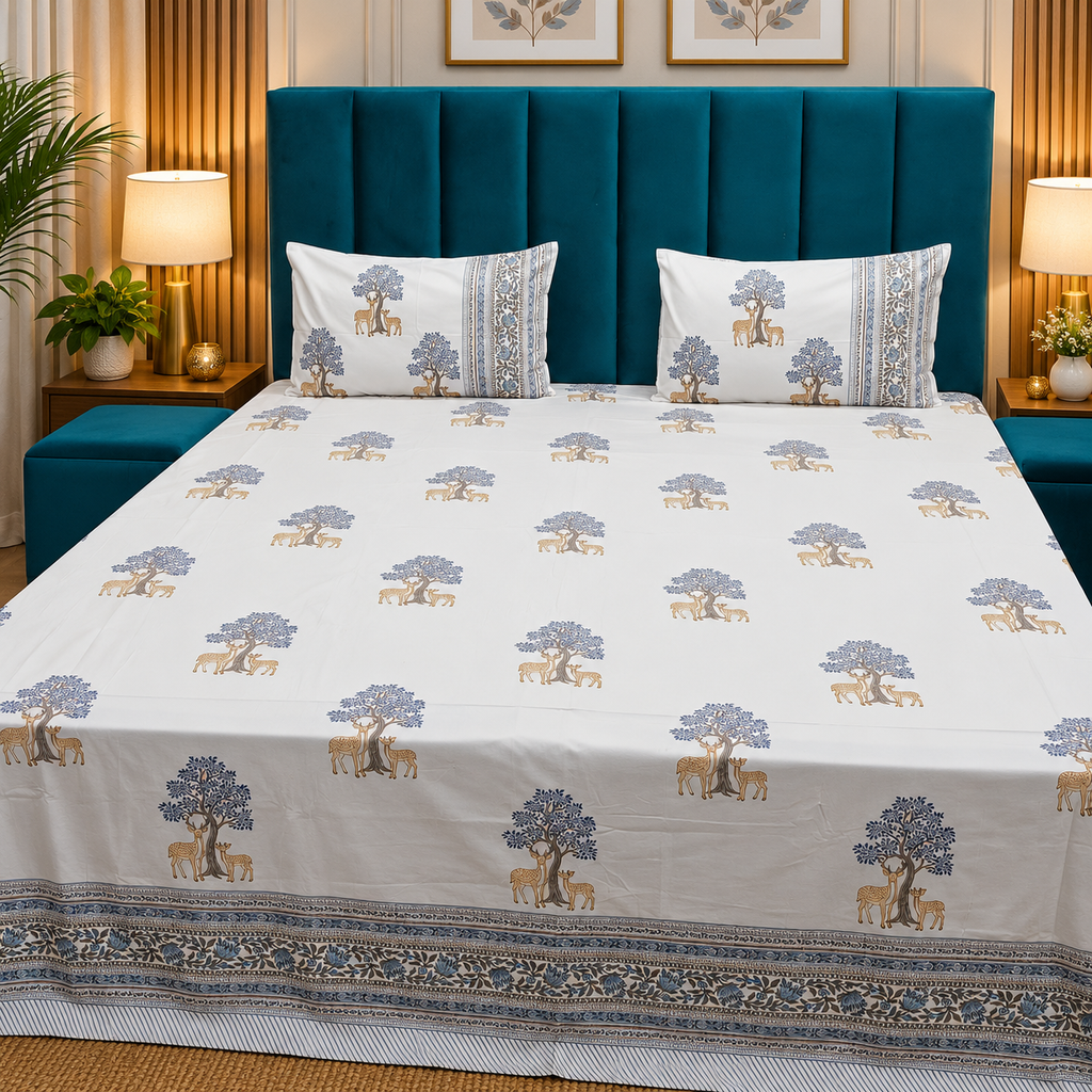 Percale Premium Ivory & Blue Deer & Tree Hand Block Printed Super King-Size Cotton Bedsheet (300TC)