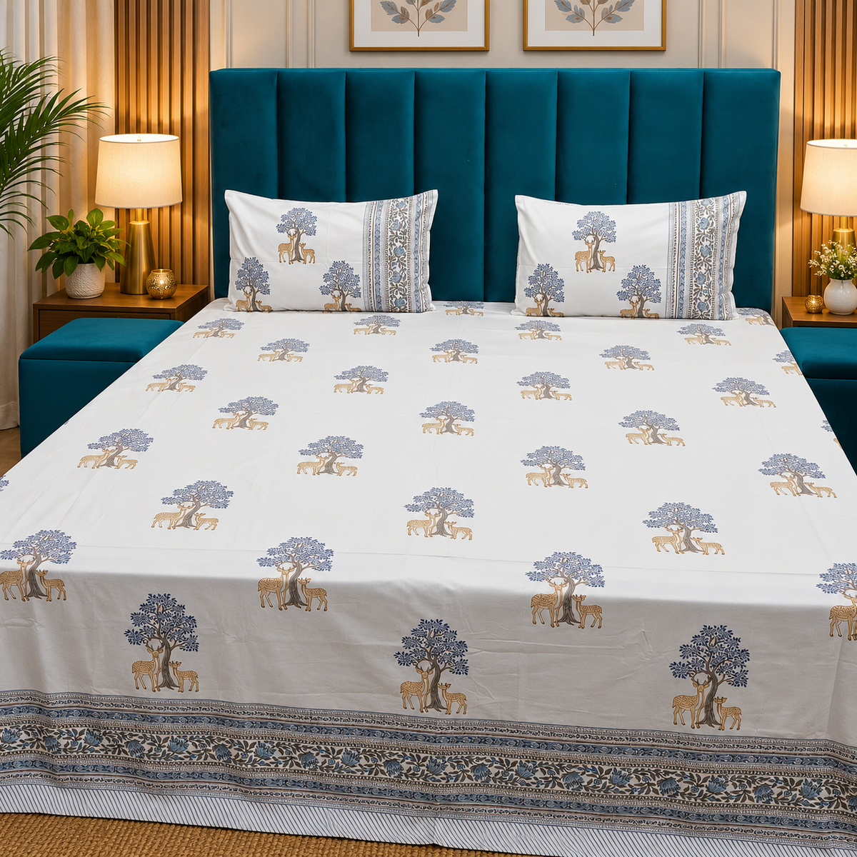 Percale Premium Ivory & Blue Deer & Tree Hand Block Printed Super King-Size Cotton Bedsheet (300TC)