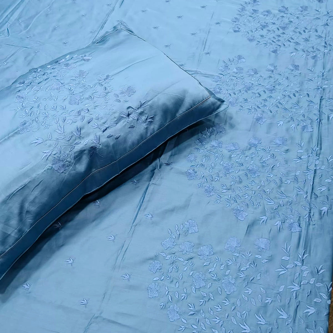 Shahi Karigari Pure Cotton King-Size Sky Blue Floral Embroidered Bedsheet