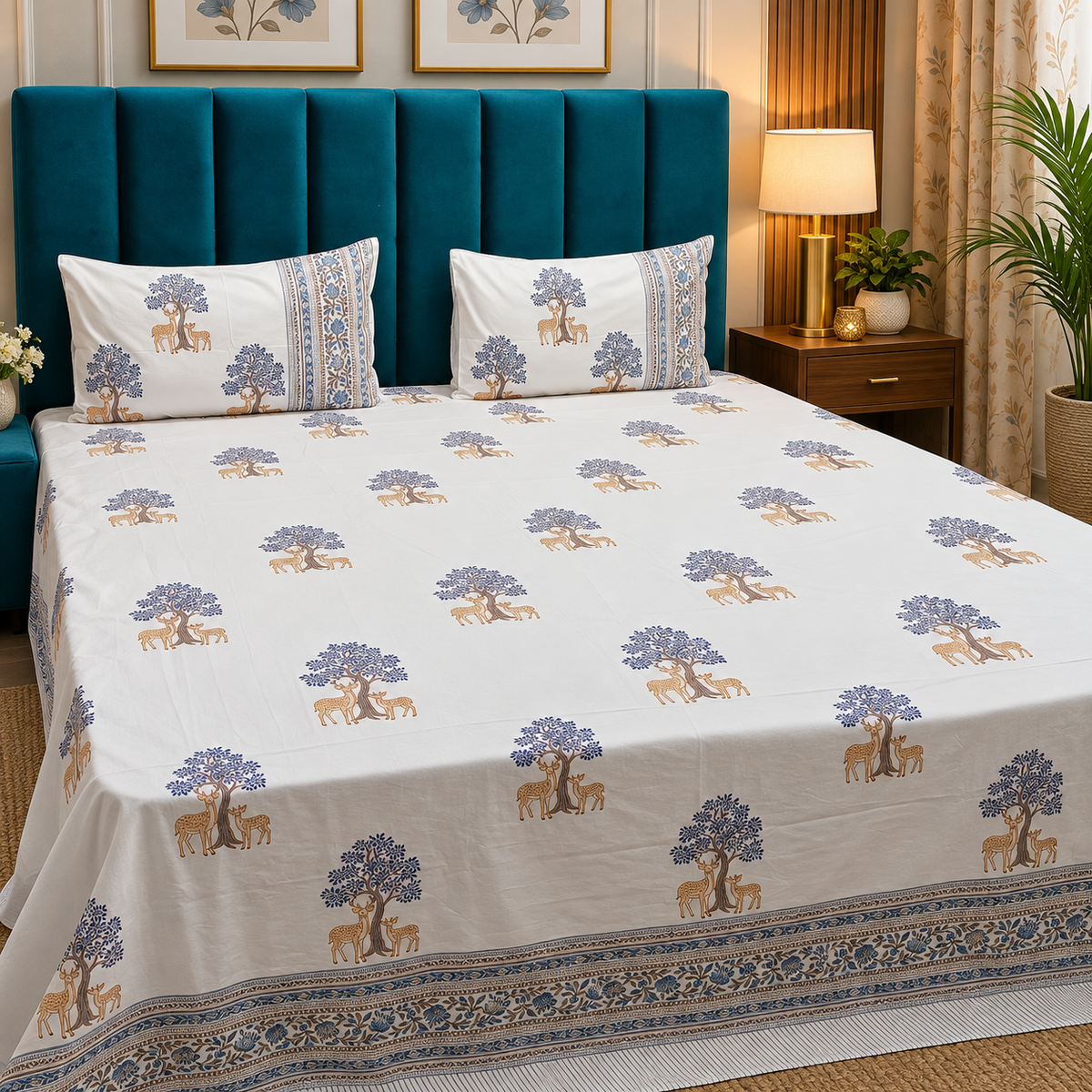Percale Premium Ivory & Blue Deer & Tree Hand Block Printed Super King-Size Cotton Bedsheet (300TC)