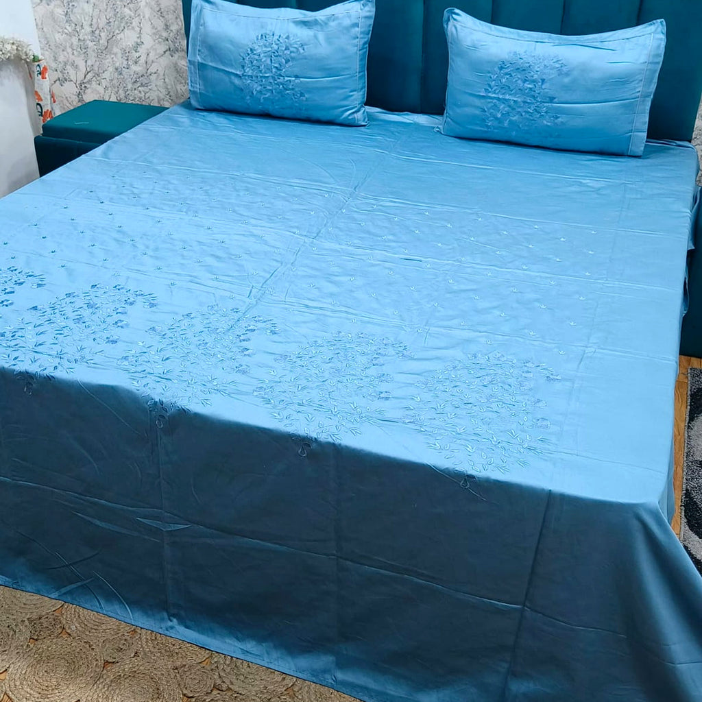 Shahi Karigari Pure Cotton King-Size Sky Blue Floral Embroidered Bedsheet