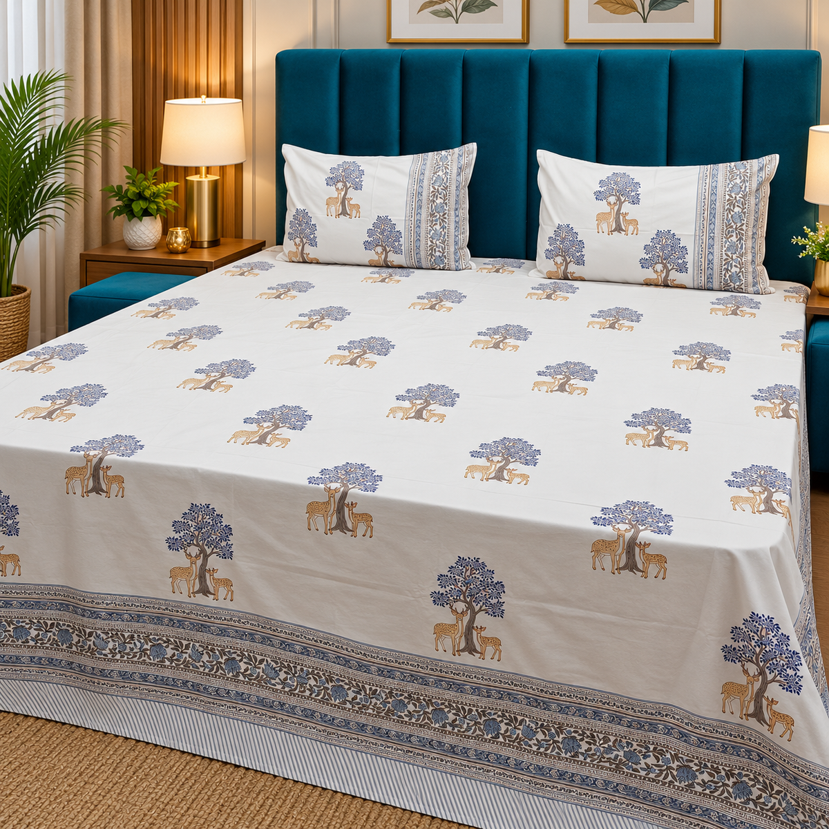 Percale Premium Ivory & Blue Deer & Tree Hand Block Printed Super King-Size Cotton Bedsheet (300TC)