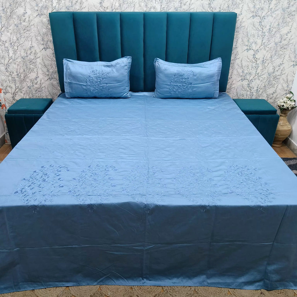 Shahi Karigari Pure Cotton King-Size Sky Blue Floral Embroidered Bedsheet