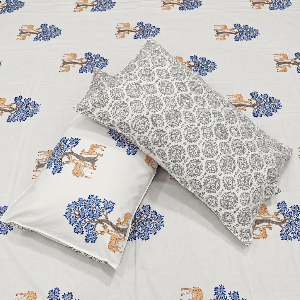 Percale Premium Ivory & Blue Deer & Tree Hand Block Printed Super King-Size Cotton Bedsheet (300TC)