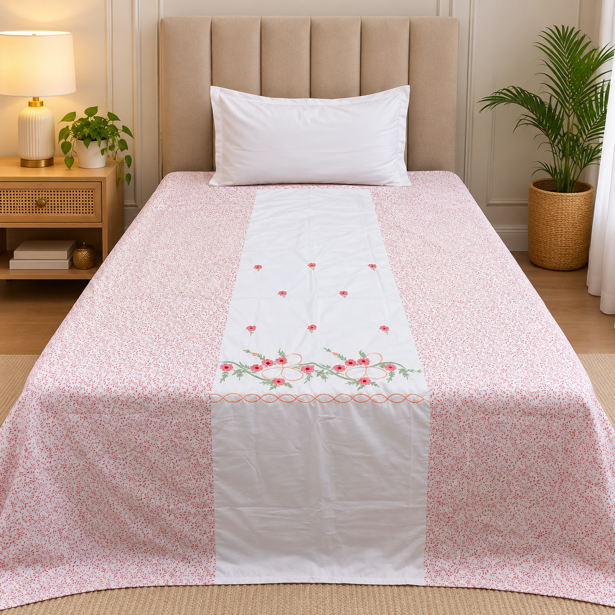 Sunehri Elegant White & Pink Floral Embroidered Single Bed Dohar