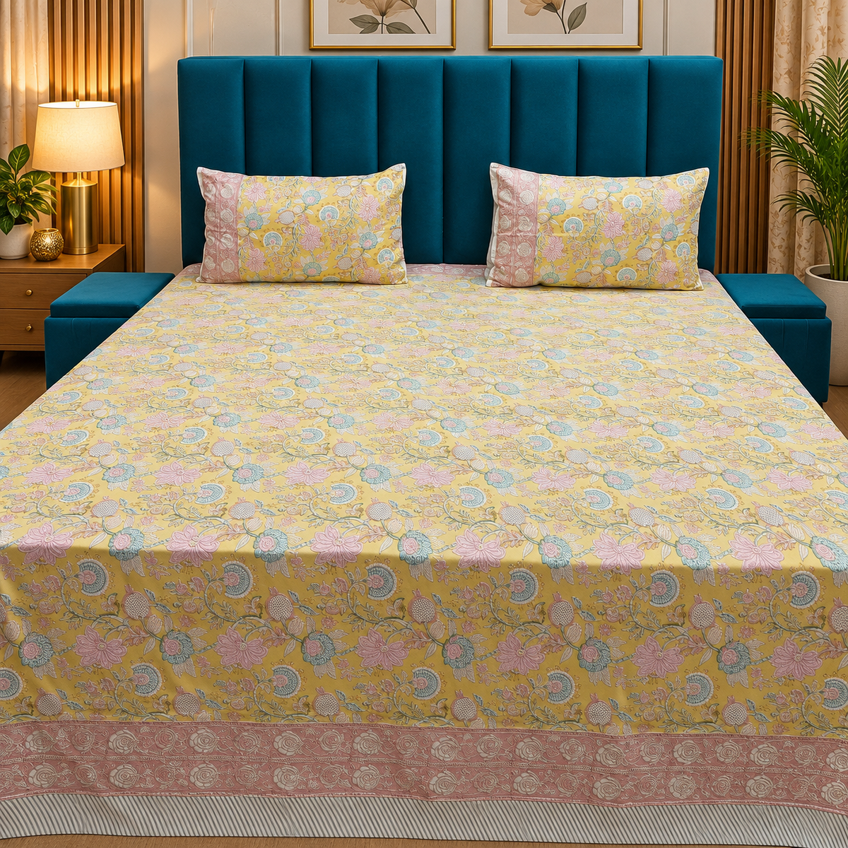 Percale Premium Mustard Yellow & Multicolor Floral Hand Block Printed Super King-Size Cotton Bedsheet (300TC)