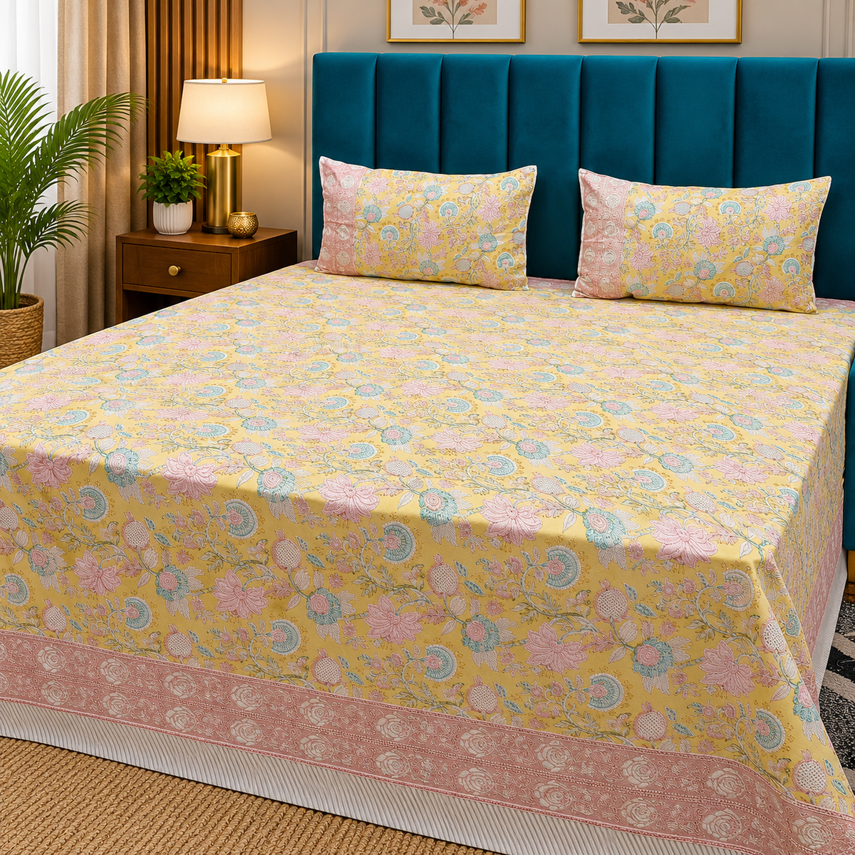 Percale Premium Mustard Yellow & Multicolor Floral Hand Block Printed Super King-Size Cotton Bedsheet (300TC)
