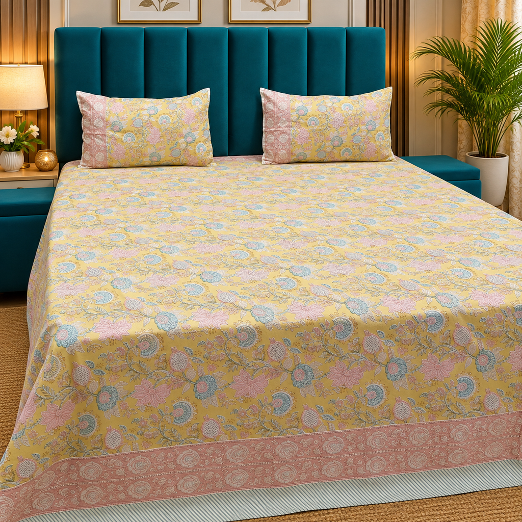 Percale Premium Mustard Yellow & Multicolor Floral Hand Block Printed Super King-Size Cotton Bedsheet (300TC)