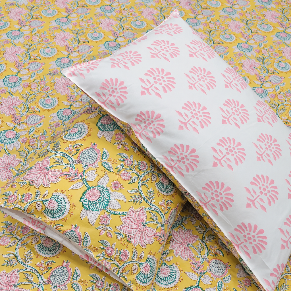 Percale Premium Mustard Yellow & Multicolor Floral Hand Block Printed Super King-Size Cotton Bedsheet (300TC)