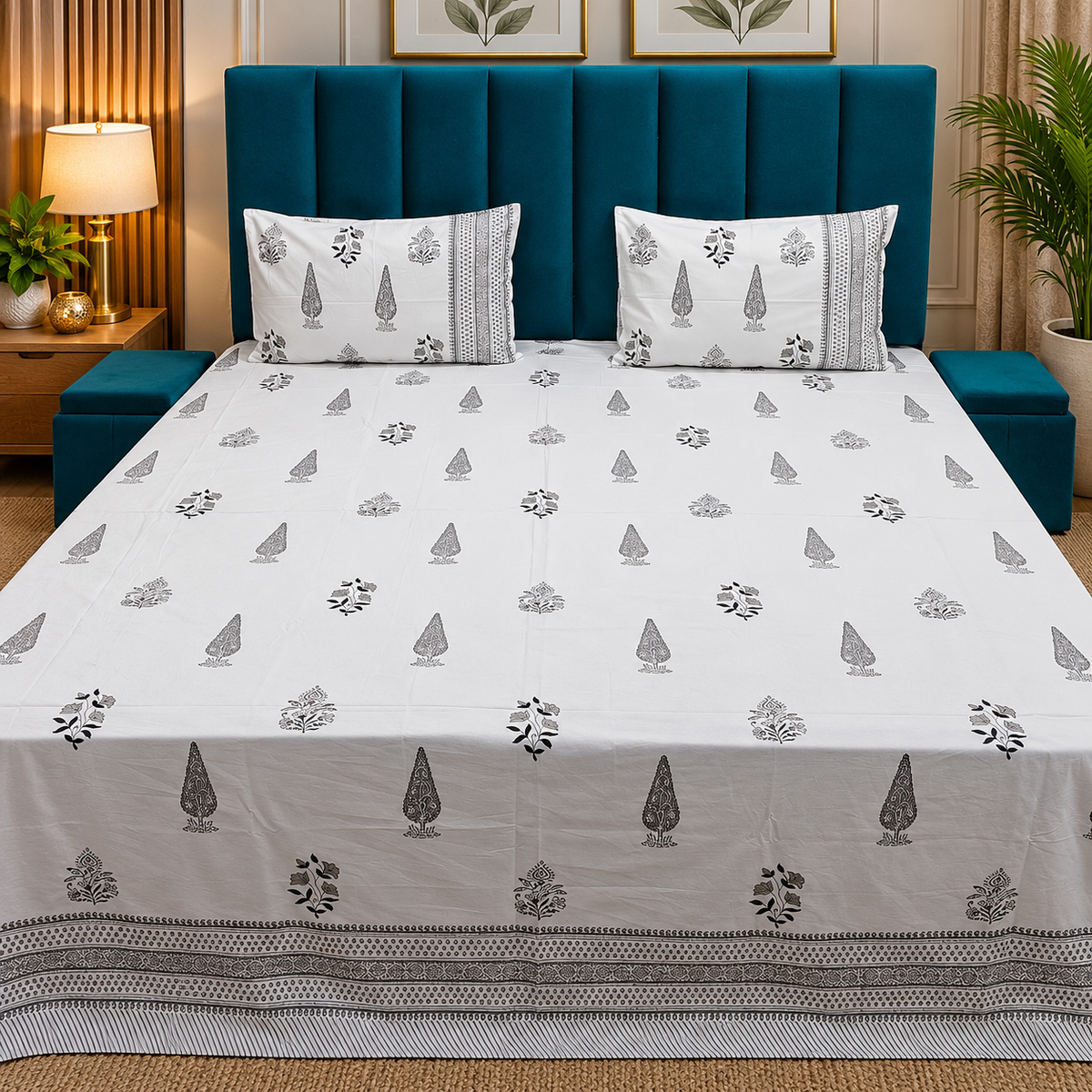 Percale Premium Ivory & Black Floral Buti Hand Block Printed Super King-Size Cotton Bedsheet (300TC)