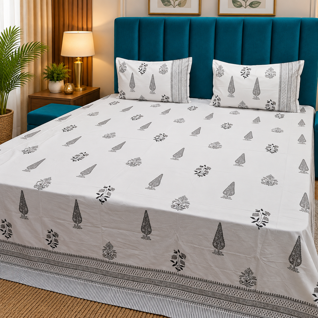 Percale Premium Ivory & Black Floral Buti Hand Block Printed Super King-Size Cotton Bedsheet (300TC)