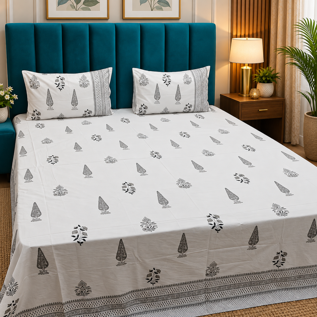 Percale Premium Ivory & Black Floral Buti Hand Block Printed Super King-Size Cotton Bedsheet (300TC)