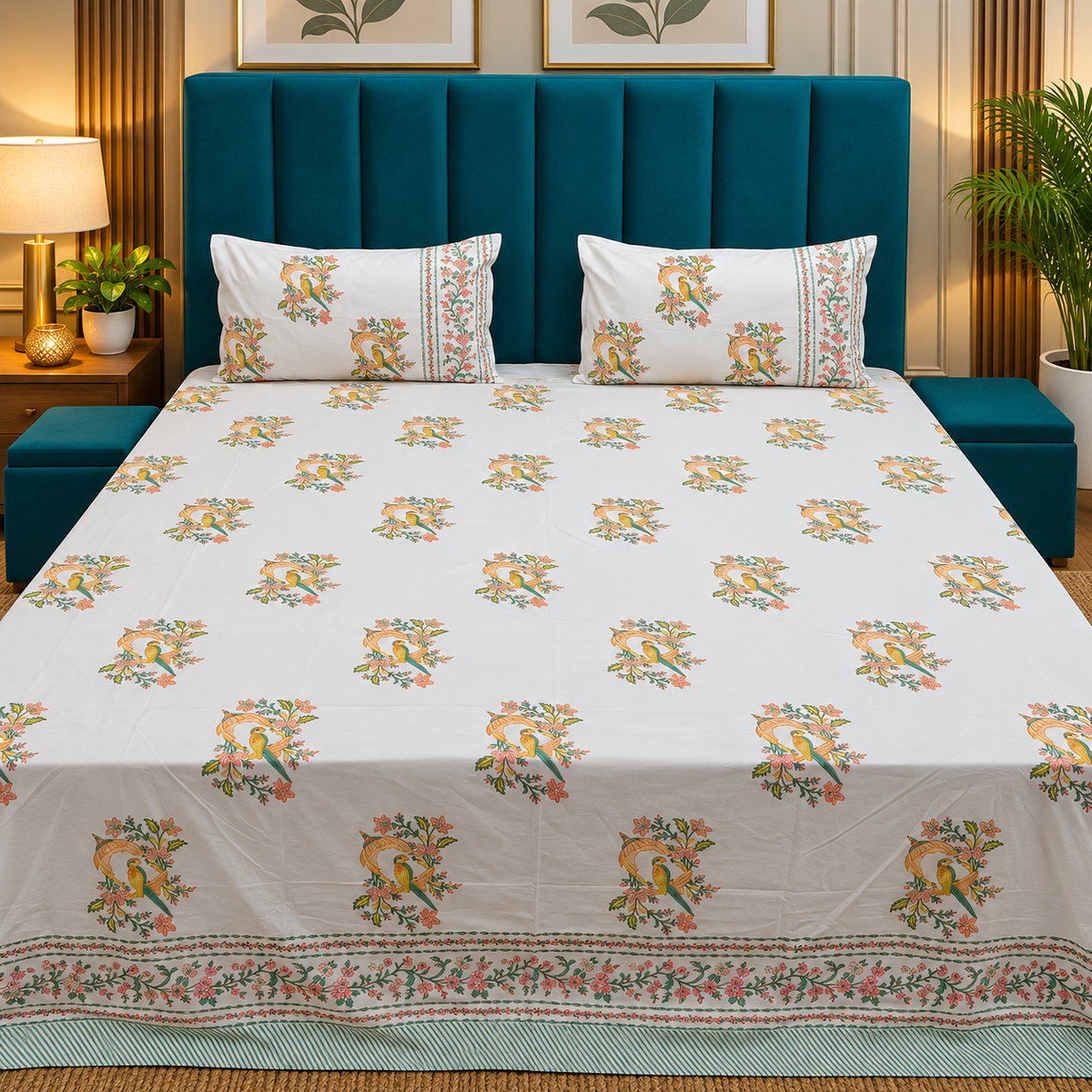 Percale Premium Ivory & Multicolor Peacock Floral Hand Block Printed Super King-Size Cotton Bedsheet (300TC)