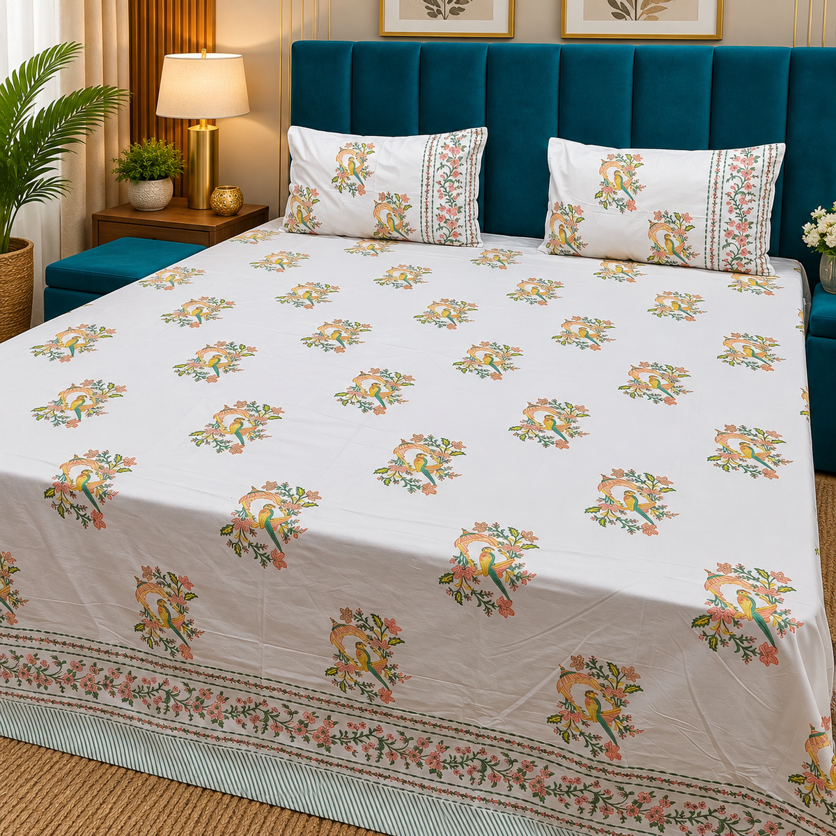 Percale Premium Ivory & Multicolor Peacock Floral Hand Block Printed Super King-Size Cotton Bedsheet (300TC)