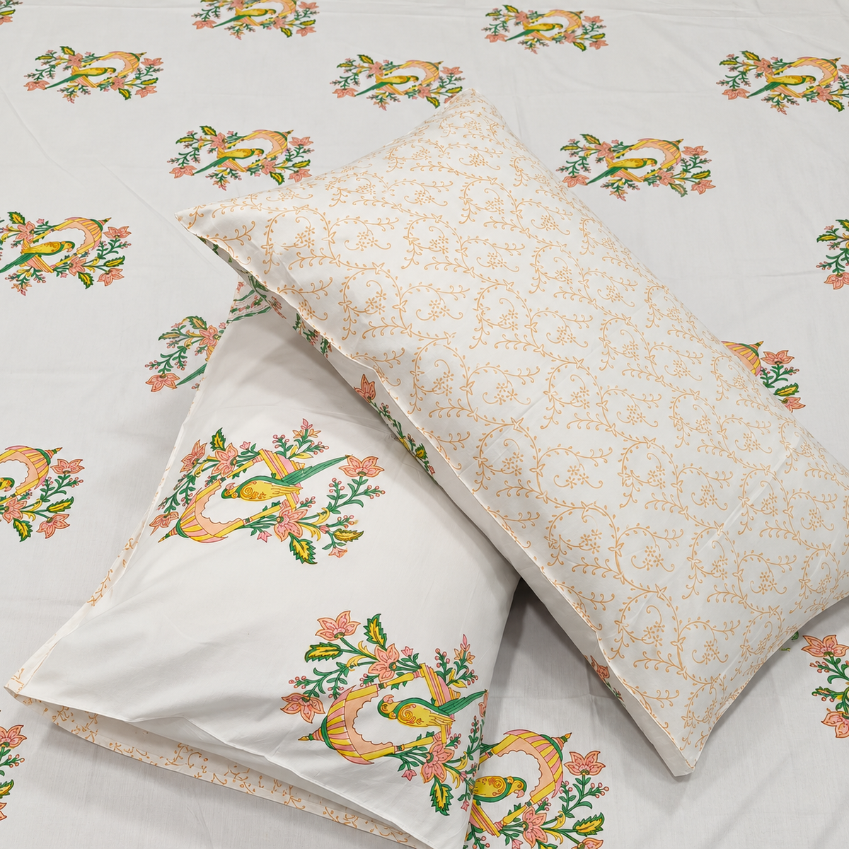 Percale Premium Ivory & Multicolor Peacock Floral Hand Block Printed Super King-Size Cotton Bedsheet (300TC)
