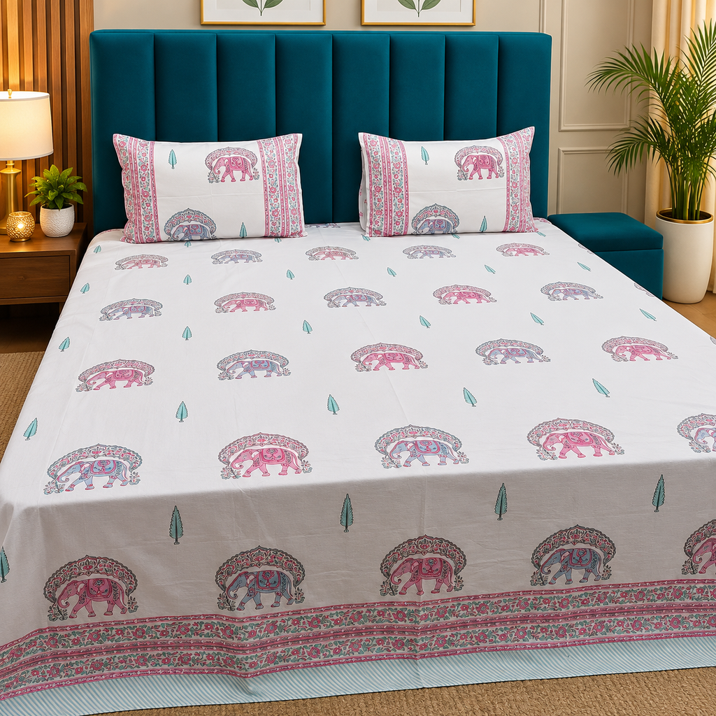 Percale Premium Ivory & Pink Elephant Hand Block Printed Super King-Size Cotton Bedsheet (300TC)