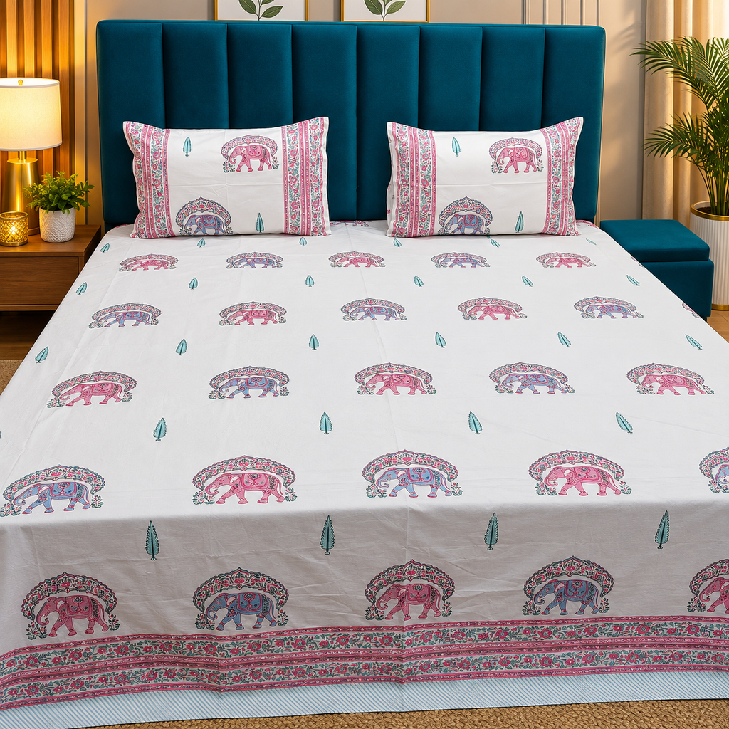 Percale Premium Ivory & Pink Elephant Hand Block Printed Super King-Size Cotton Bedsheet (300TC)