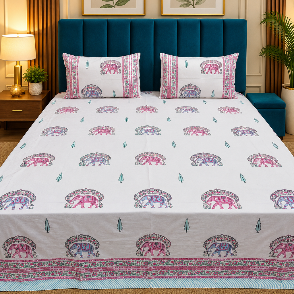 Percale Premium Ivory & Pink Elephant Hand Block Printed Super King-Size Cotton Bedsheet (300TC)