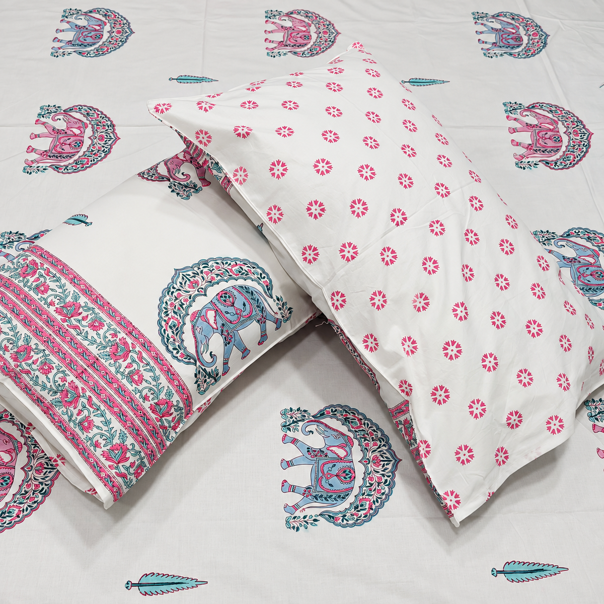 Percale Premium Ivory & Pink Elephant Hand Block Printed Super King-Size Cotton Bedsheet (300TC)