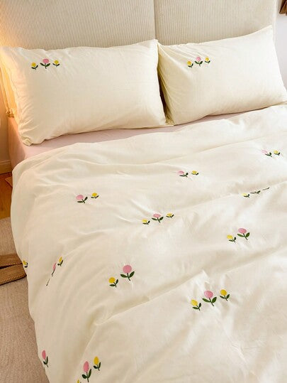 Floral Bloom Embroidered King Size Pure Cotton Bedsheet Set